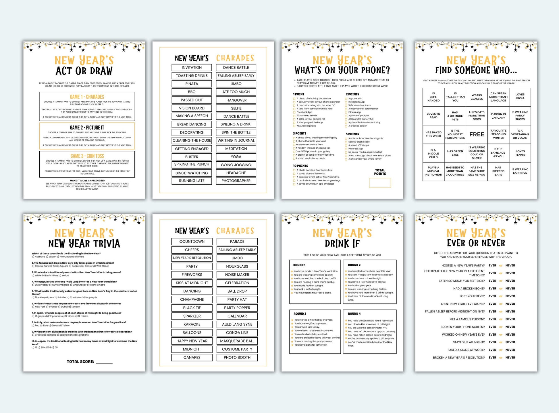 Printable New Years Party Game Bundle
