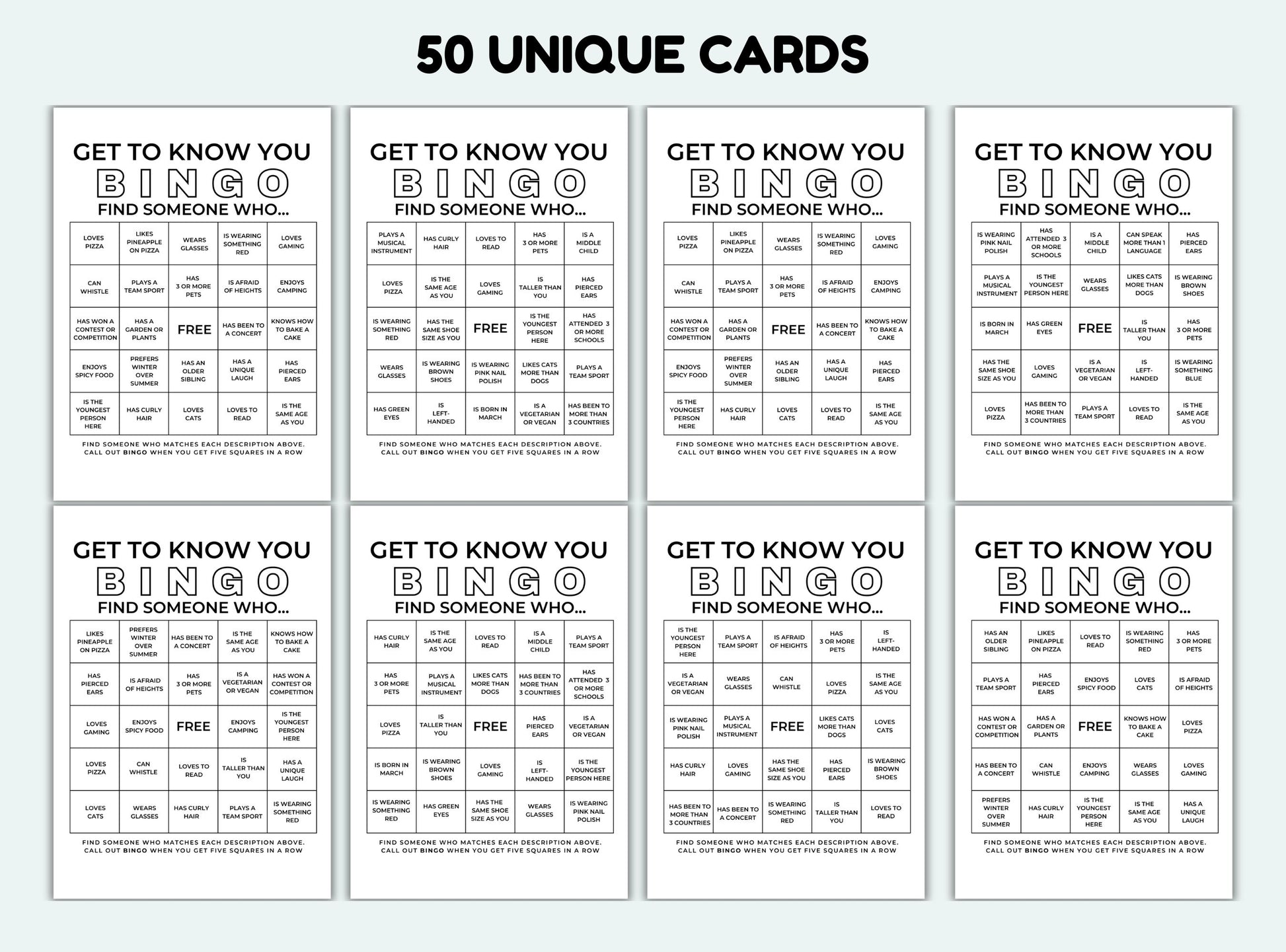 Get To Know You Bingo Cards
