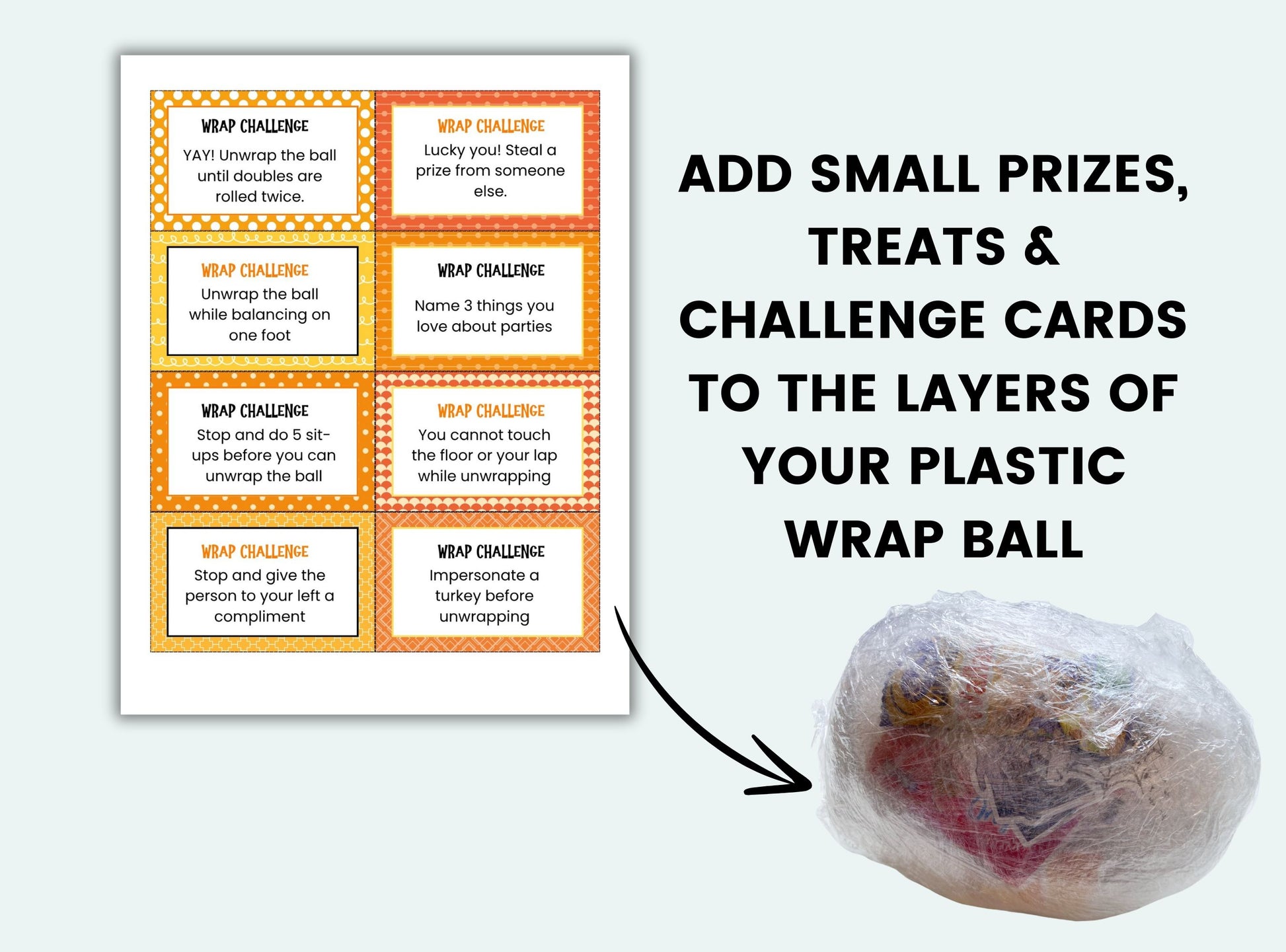 Thanksgiving Saran wrap ball game challenge cards