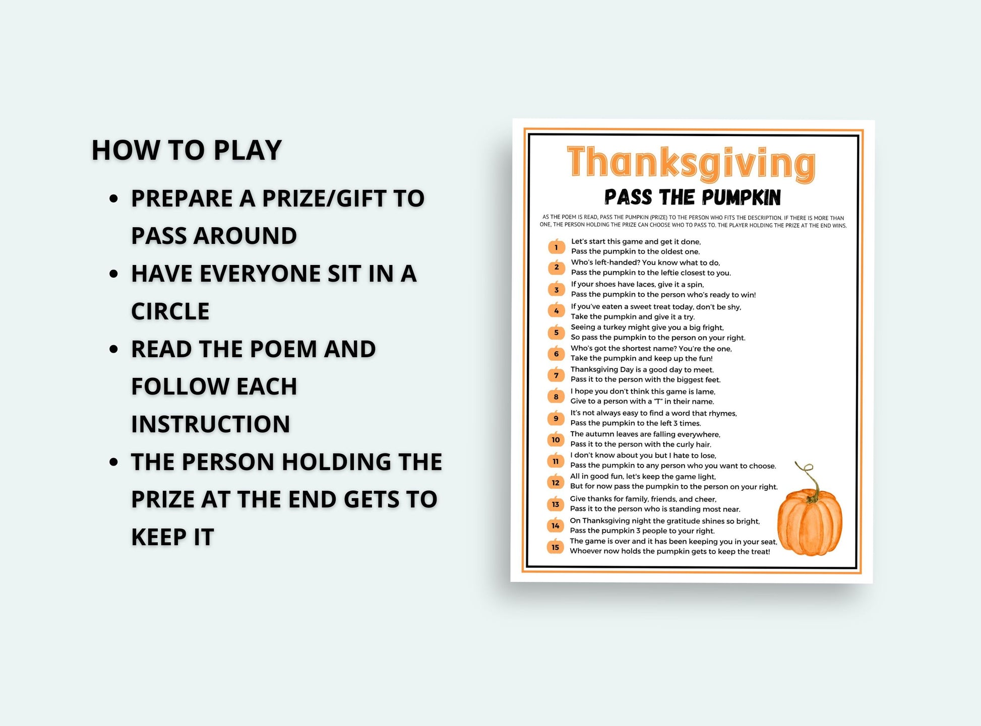 Instructions for a Thanksgiving game titled 'Pass the Pumpkin' on a white background.