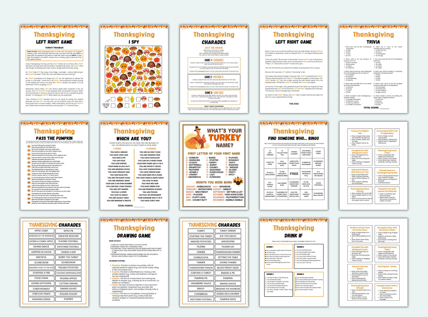 Collection of Thanksgiving-themed games and activities on printed pages.