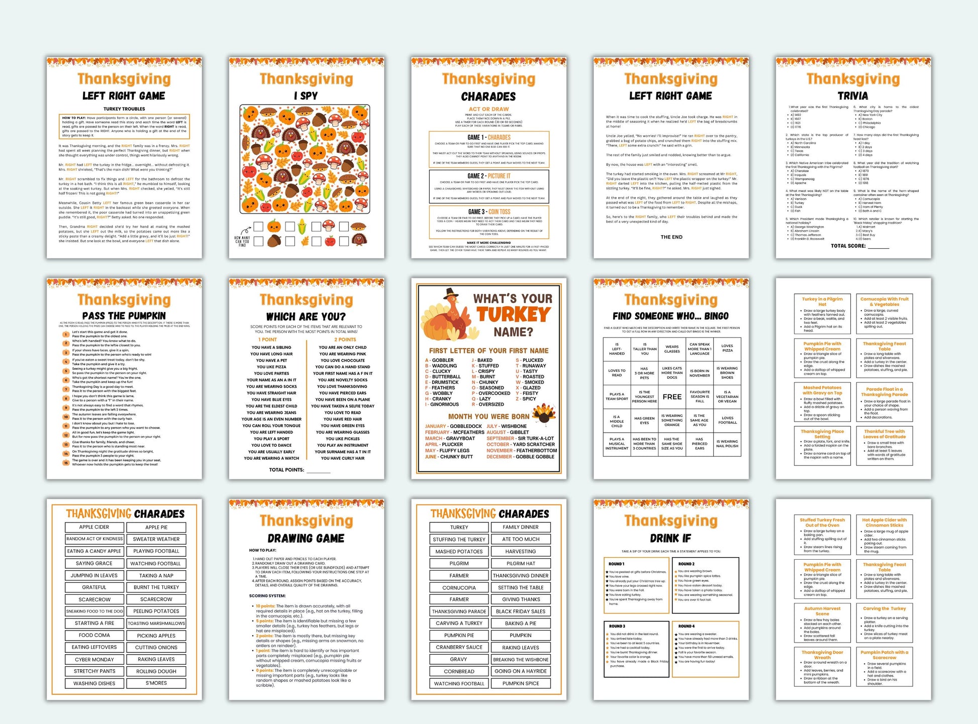 Collection of Thanksgiving-themed games and activities on printed pages.