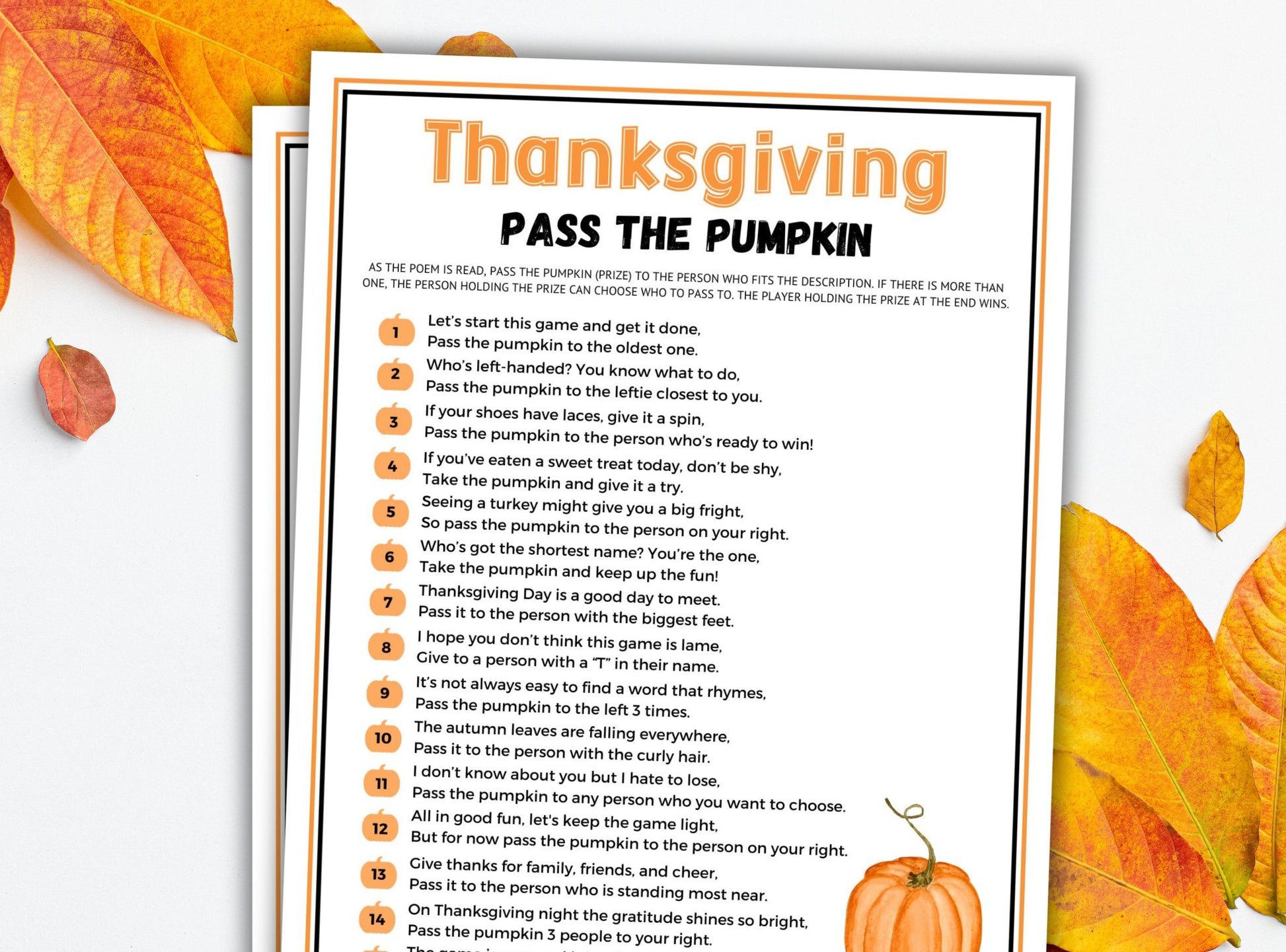 Thanksgiving game sheet titled 'Pass the Pumpkin' with autumn leaves on a white background