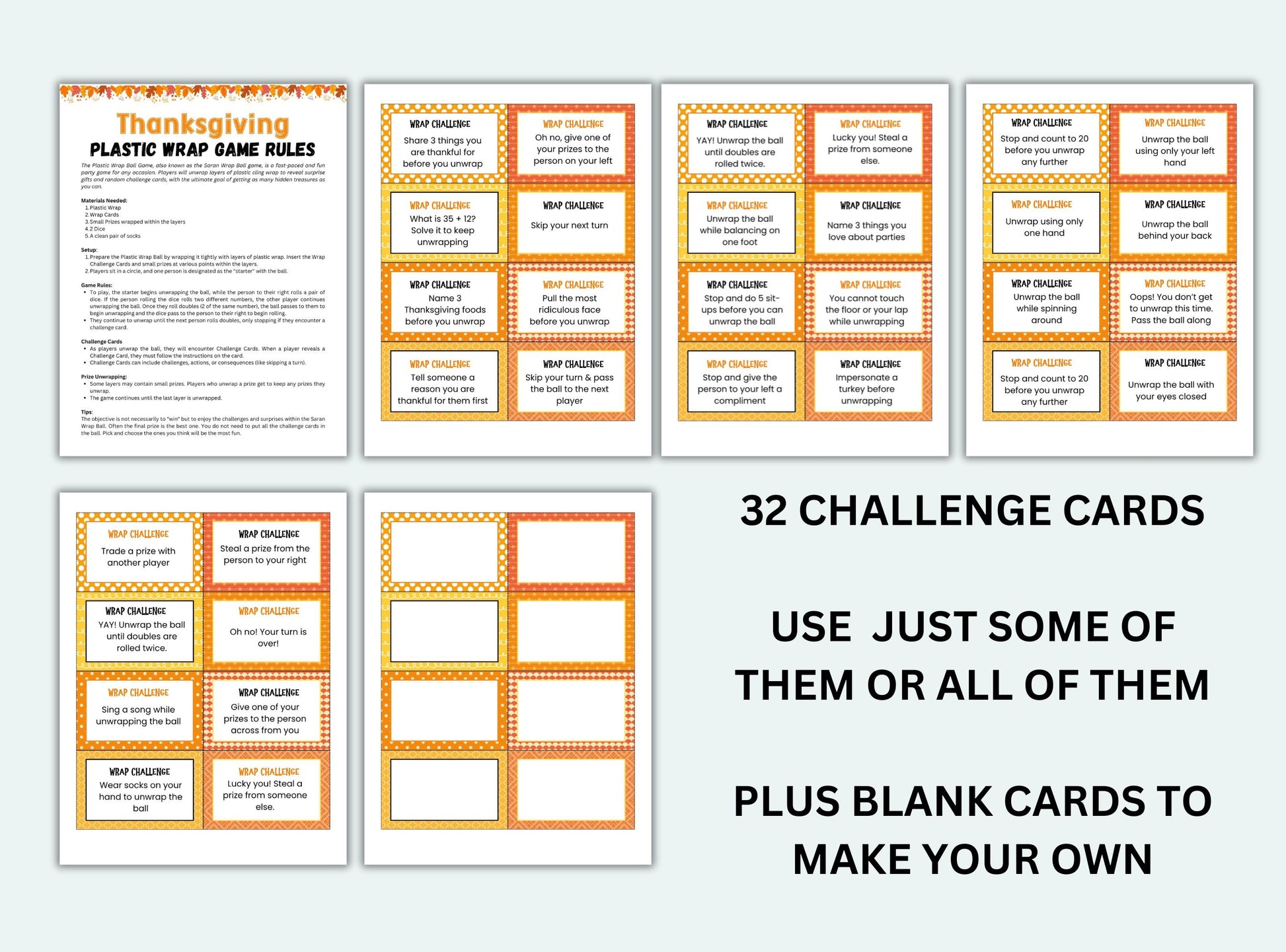 Thanksgiving Saran wrap ball game challenge cards