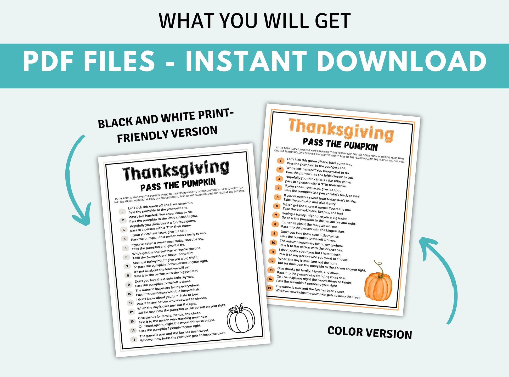 Two Thanksgiving-themed PDF files for instant download on a light blue background.