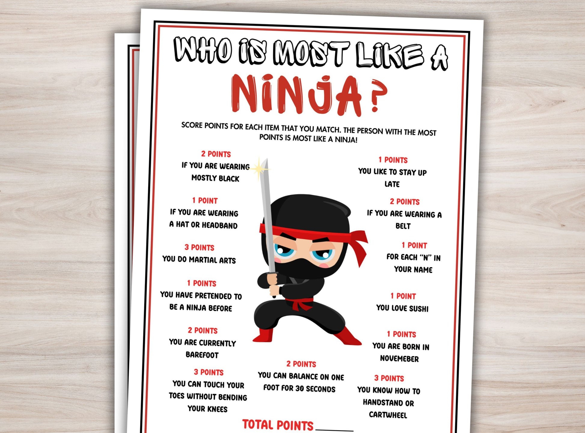 Ninja-themed questionnaire for a children's party on a wooden surface