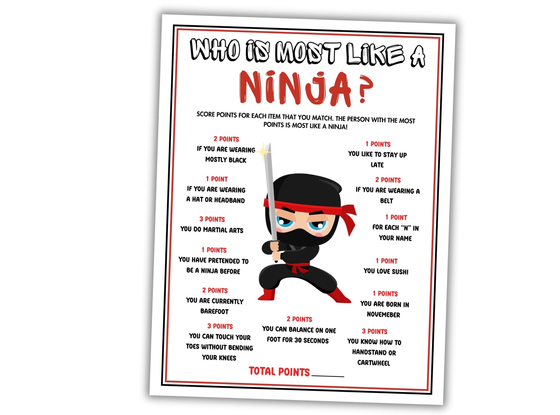 Ninja-themed questionnaire for determining who is most like a ninja on a white background