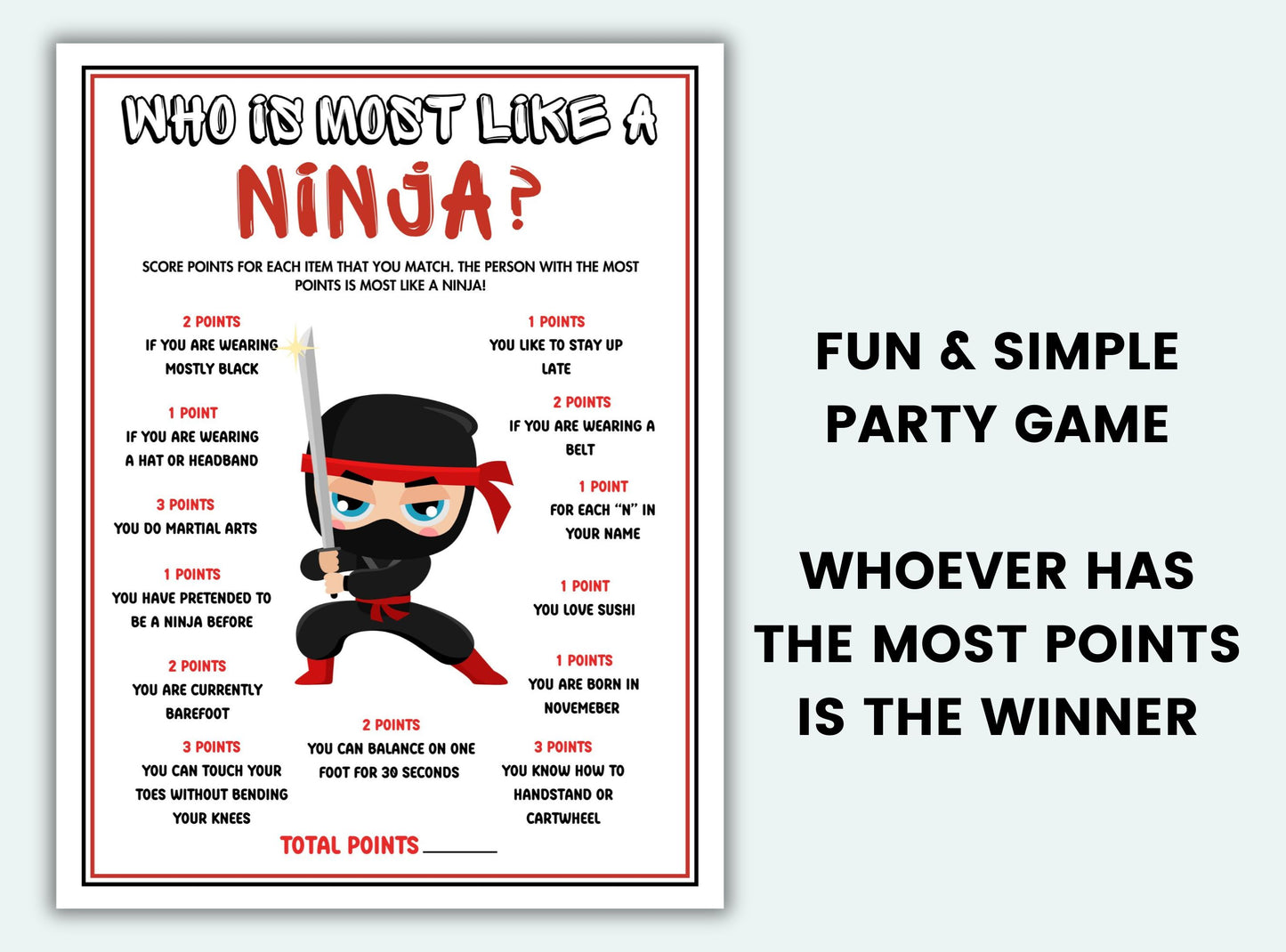 Ninja-themed party game sheet with character illustration on a white background
