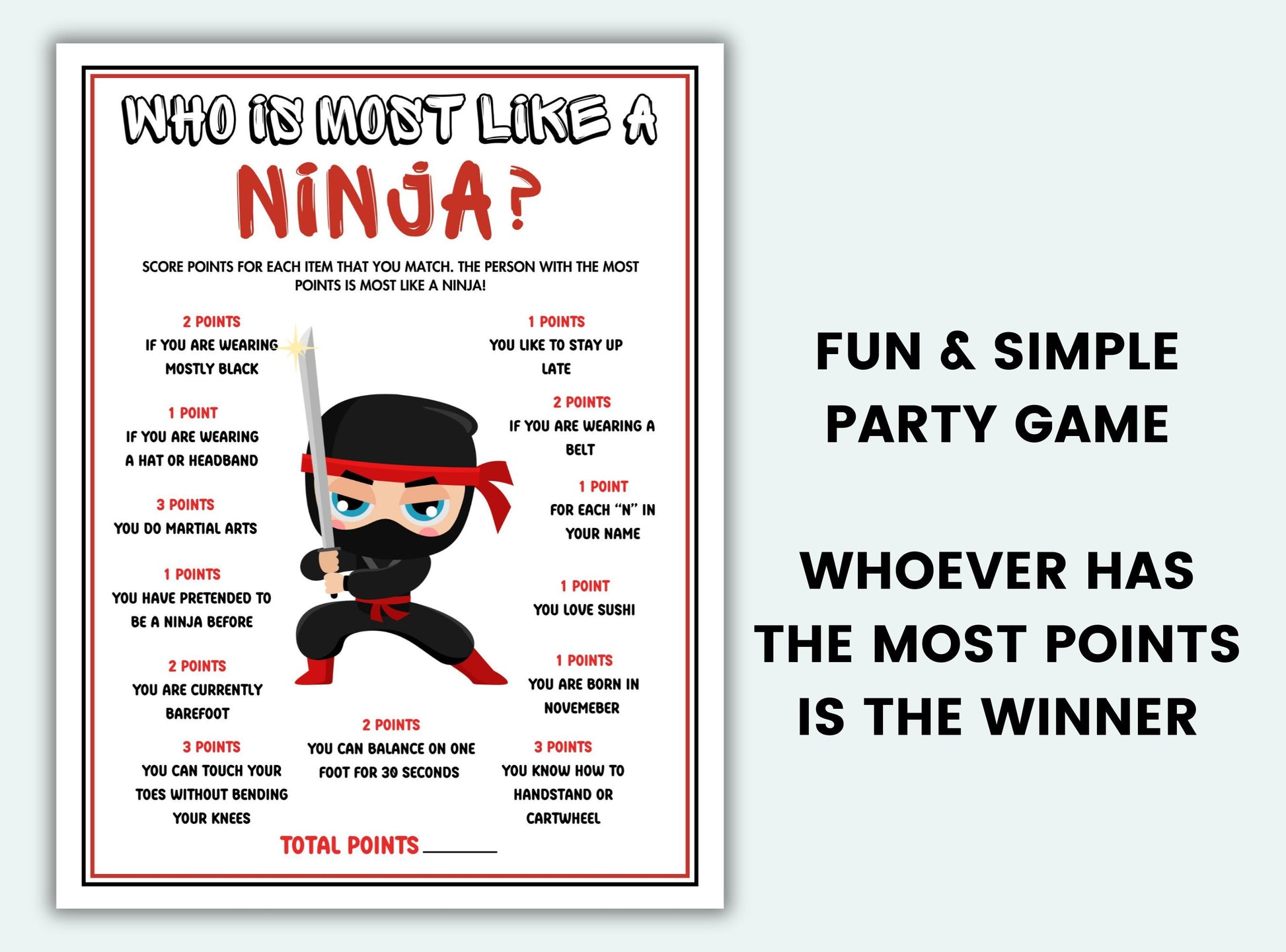 Ninja-themed party game sheet with character illustration on a white background