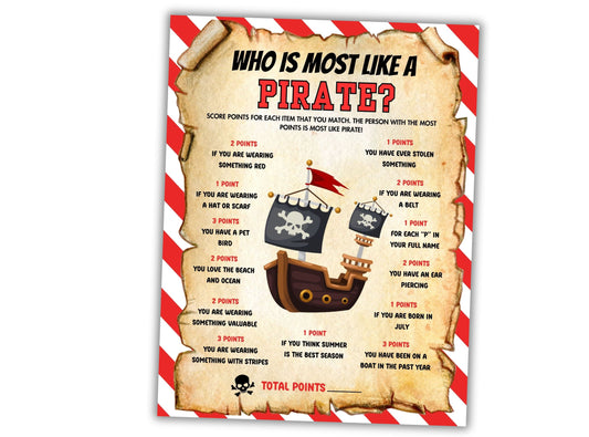 Pirate-themed questionnaire for determining who is most like a pirate with red and white striped border.