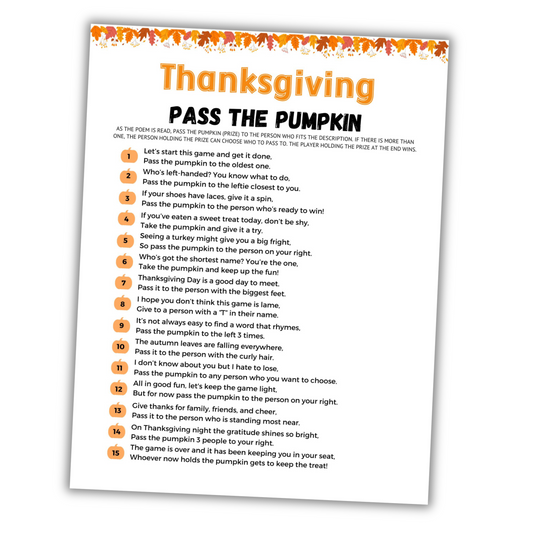 Sheet of paper with 'Pass the Pumpkin' game instructions for Thanksgiving on a white background.