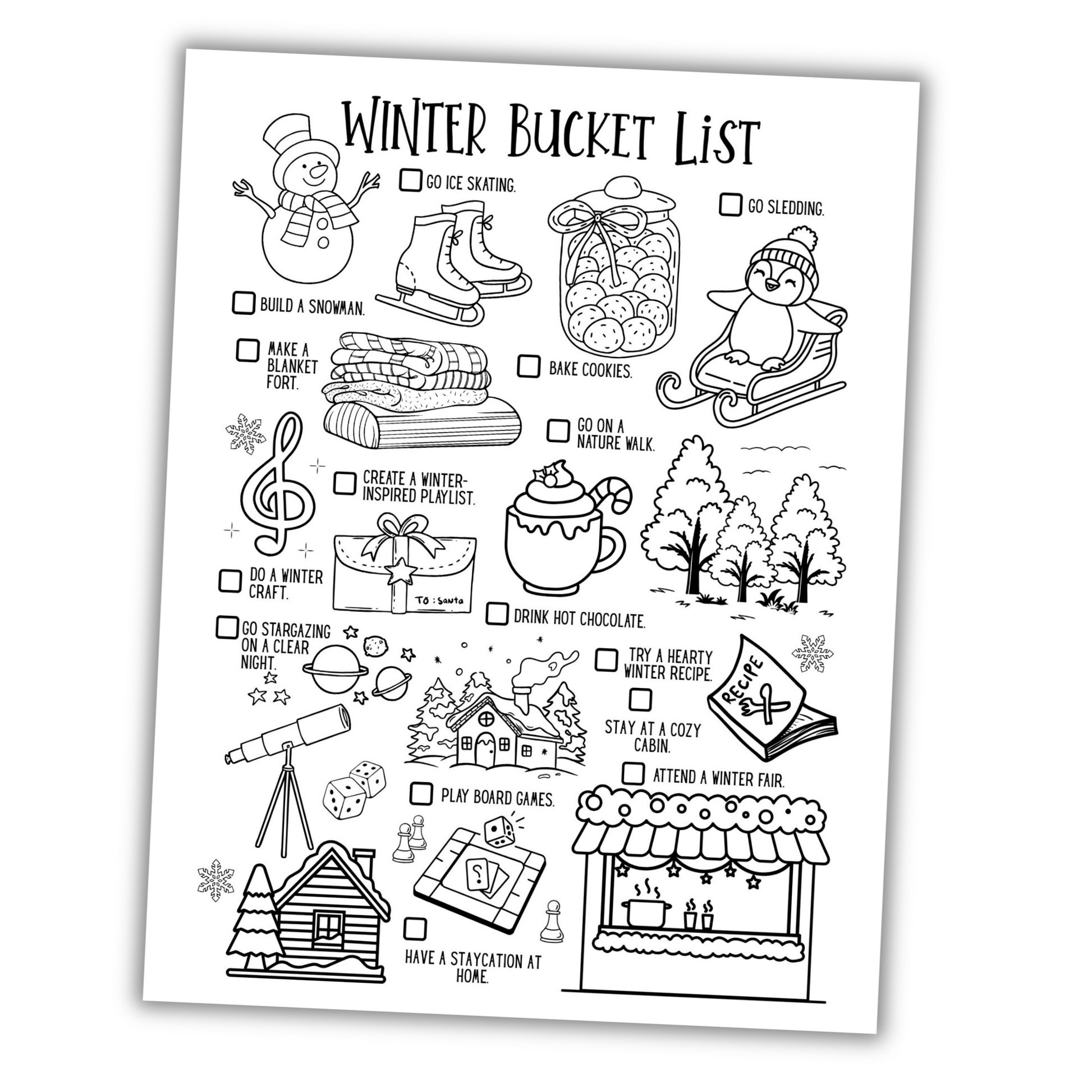 Winter bucket list with various winter activities on a white background