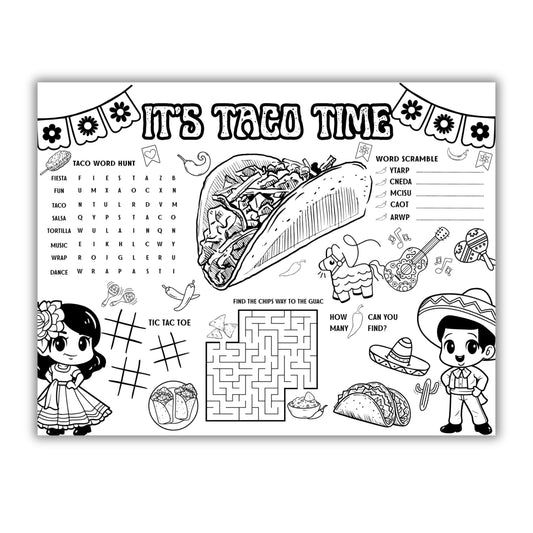 Coloring page with taco-themed activities and illustrations on a white background