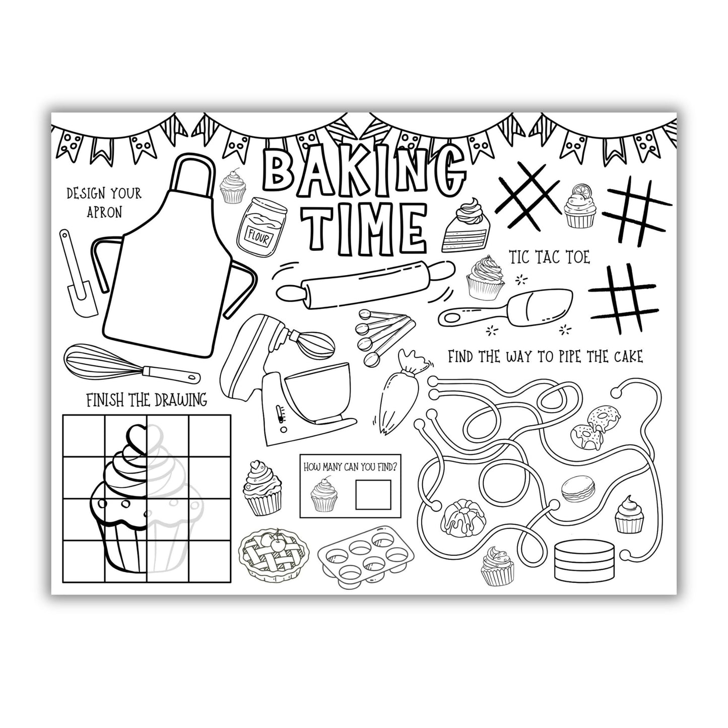 Coloring page titled 'Baking Time' with various activities and illustrations on a white background.