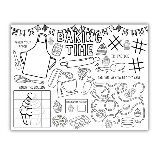 Coloring page titled 'Baking Time' with various activities and illustrations on a white background.