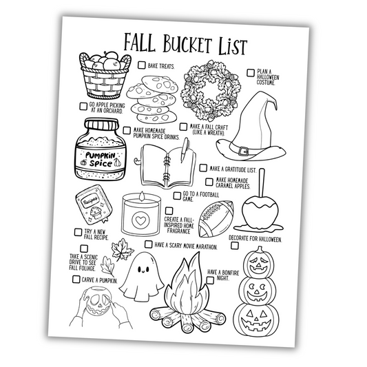 Black and white fall bucket list illustration with various activities and items.