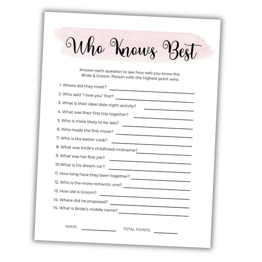 Bachelorette party game sheet titled 'Who Knows Best' on a white background
