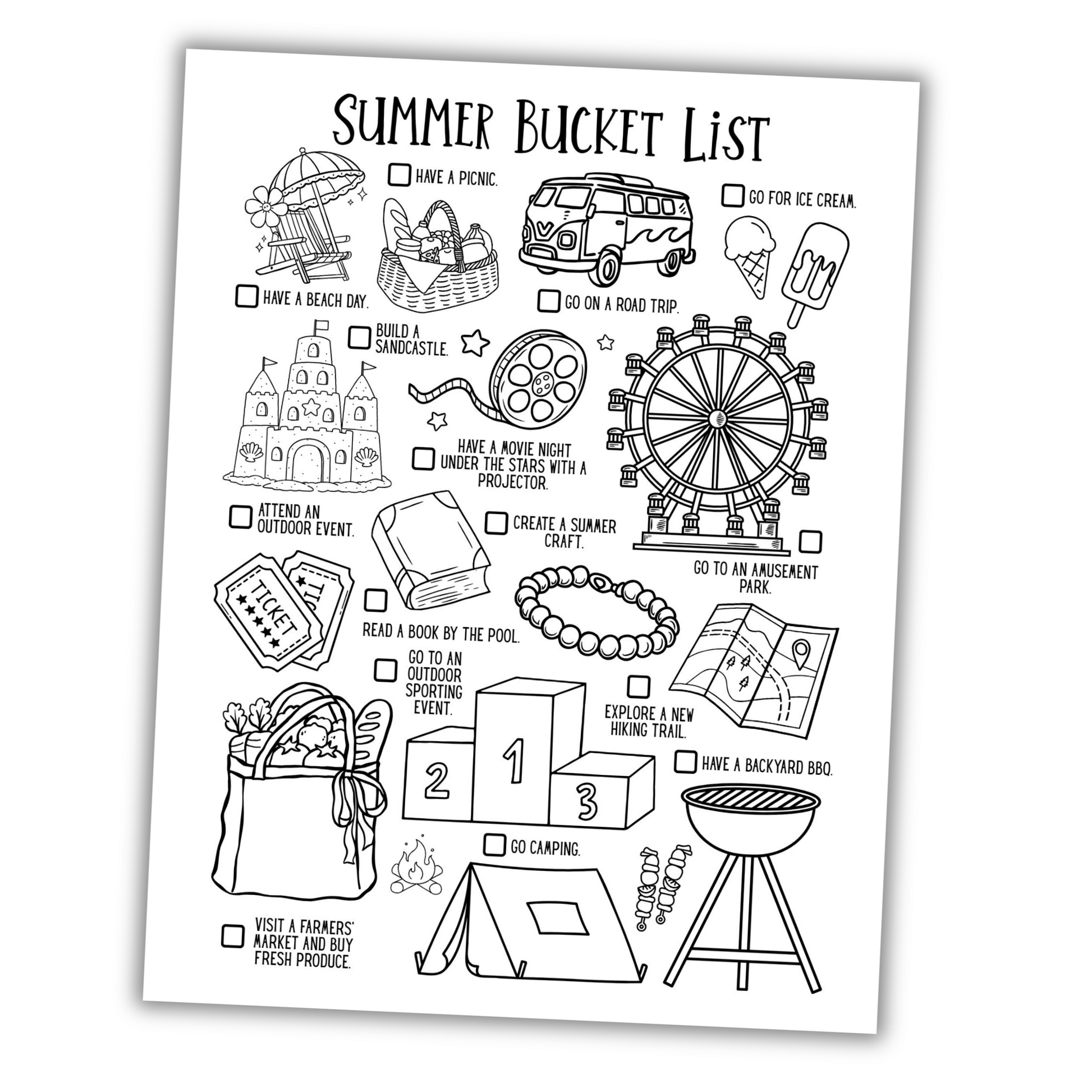 Black and white summer bucket list coloring page with various activities and illustrations.