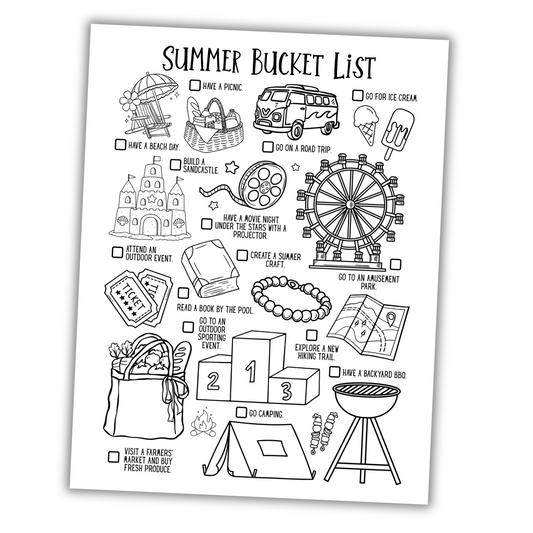 Black and white summer bucket list coloring page with various activities and illustrations.