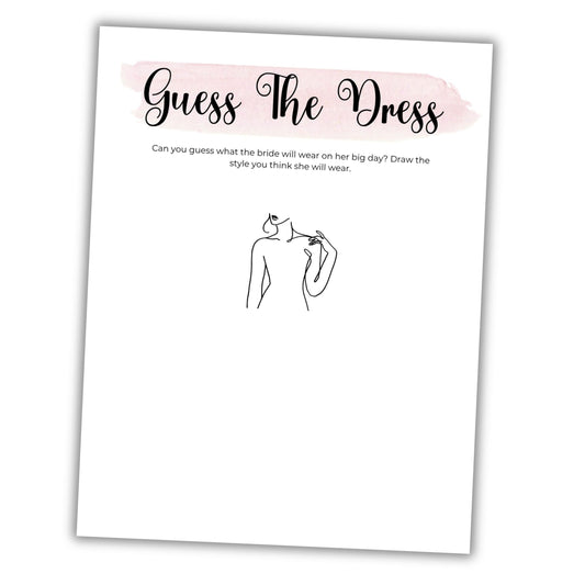 Card with 'Guess the Dress' question and dress outline on a white background