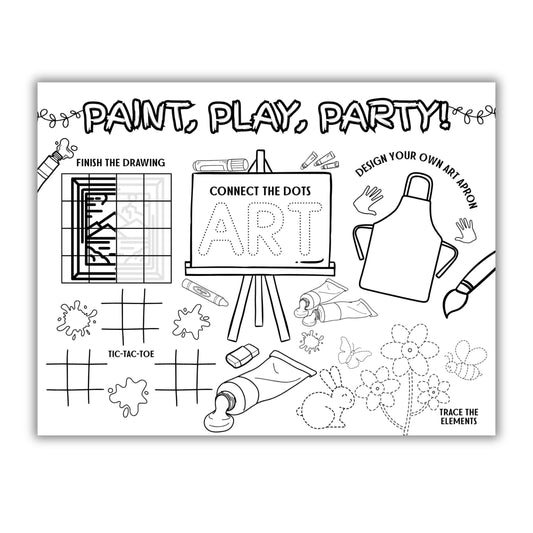 Children's activity sheet with art-themed tasks and illustrations.
