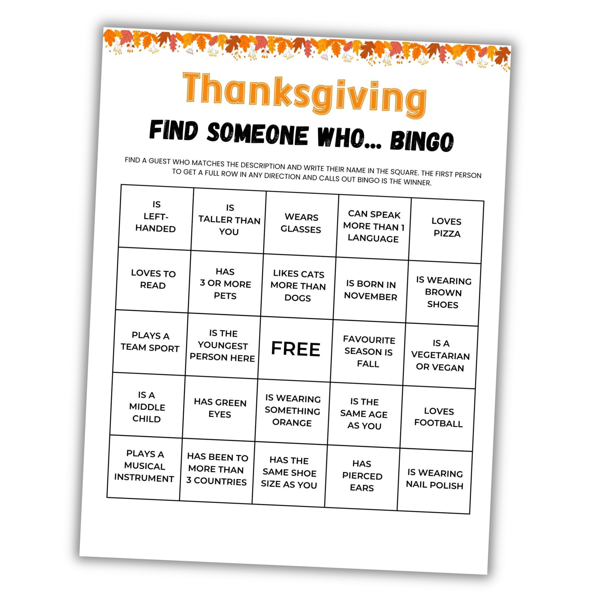 Thanksgiving 'Find Someone Who' Bingo game sheet on a white background