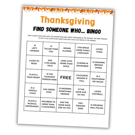 Thanksgiving 'Find Someone Who' Bingo game sheet on a white background