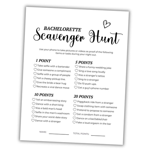 Bachelorette Scavenger Hunt sheet with points system on a white background