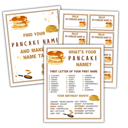 Set of pancake-themed name games with illustrations and text on a white background