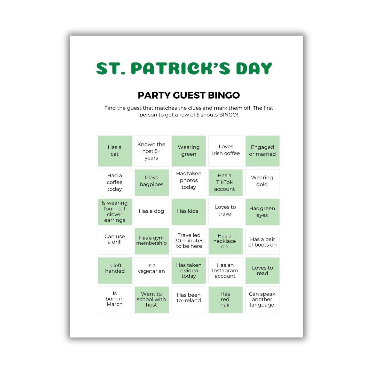 St Patrick's Day Guest Bingo Game - Simplify Create Inspire