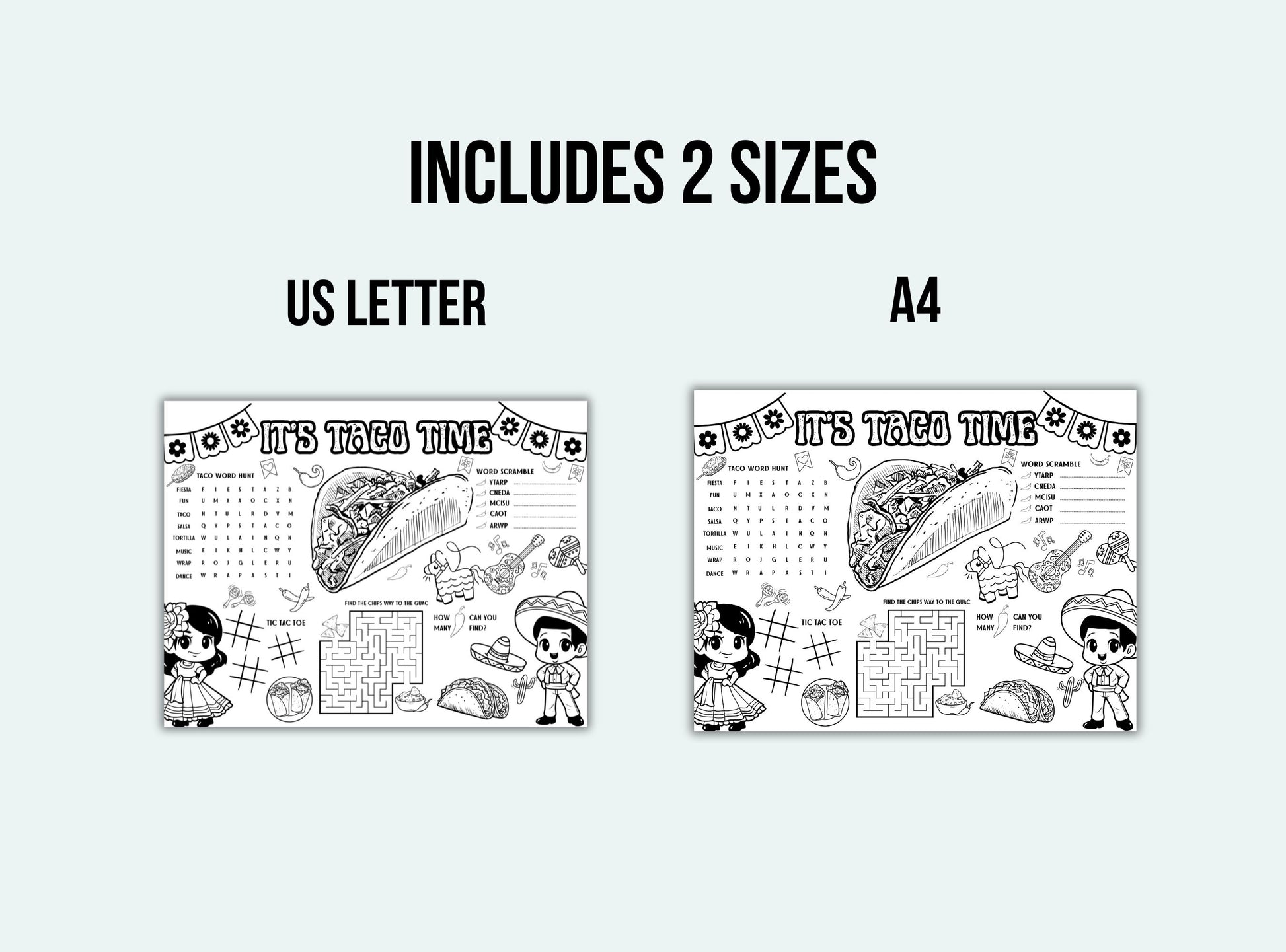Two black and white illustrations of a taco-themed design, one labeled 'US Letter' and the other 'A4', on a white background.