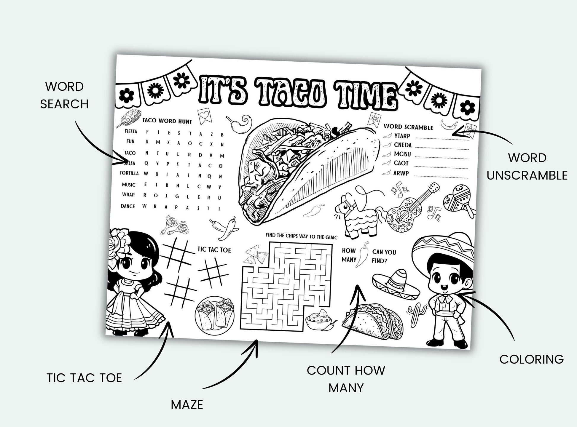 Educational children's activity sheet with various games and puzzles on a white background.
