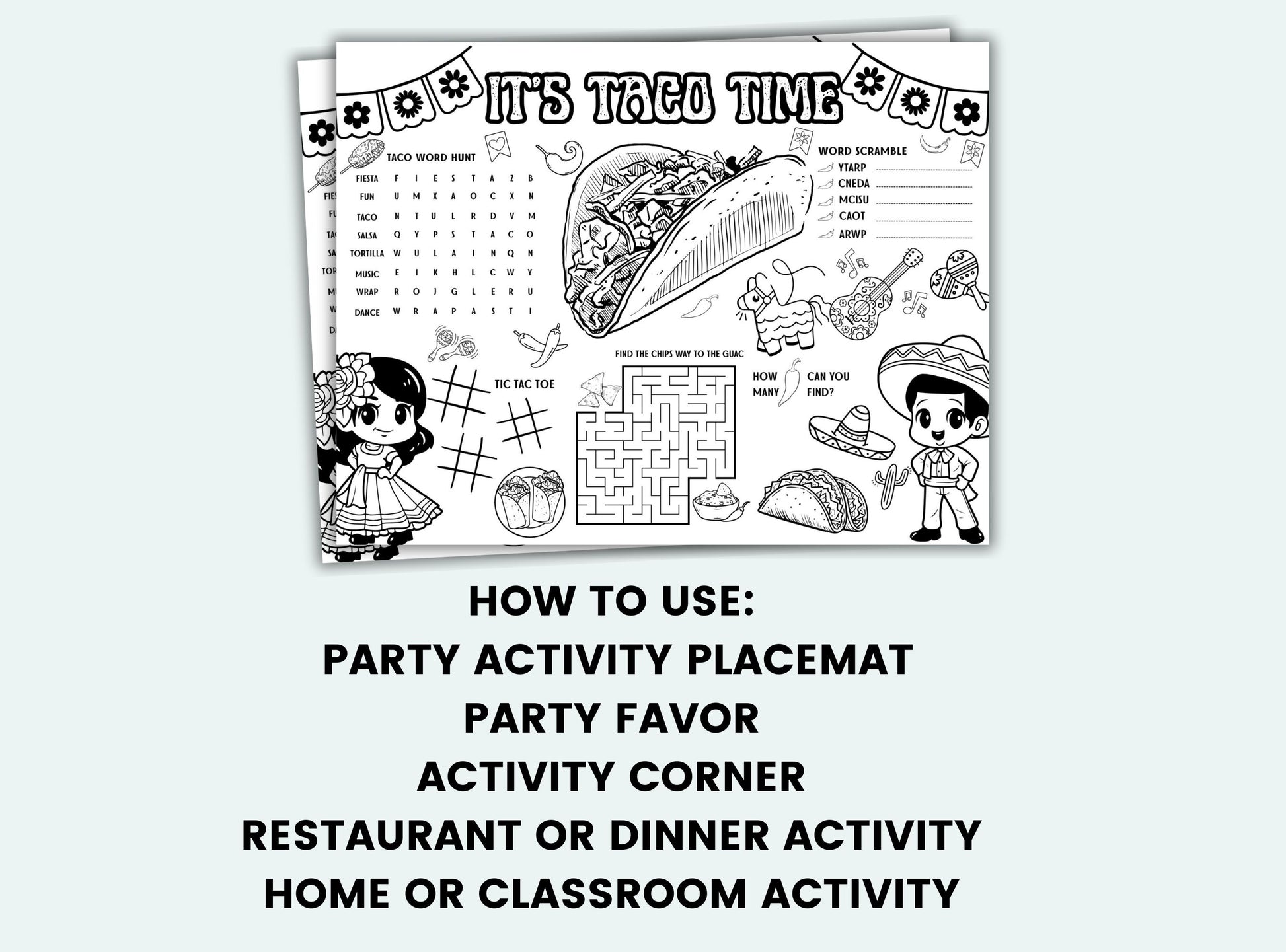 Black and white party activity placemat with various graphics and text on a white background