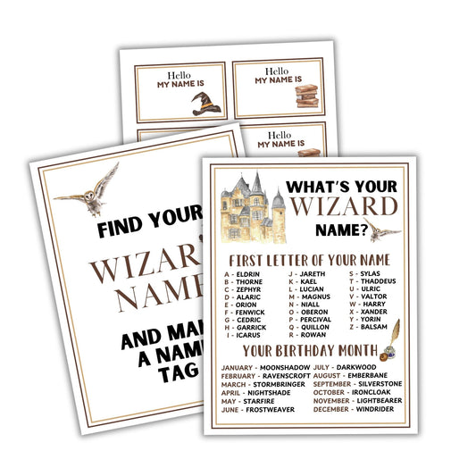Wizard-themed name cards with decorative elements on a white background