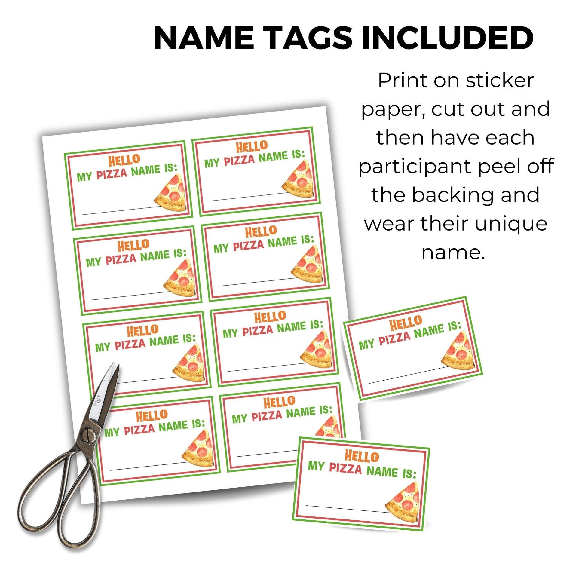 Sheet of 'Hello My Pizza Name Is' name tags with a pair of scissors on a white background.