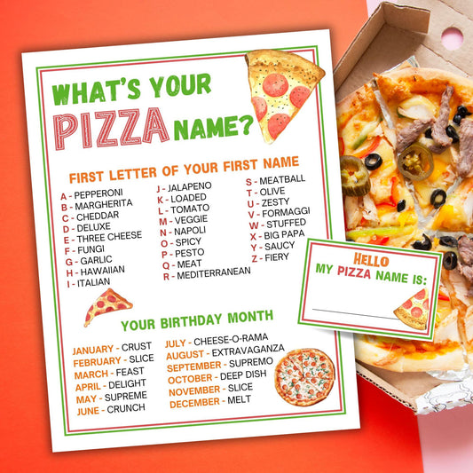 Pizza-themed name generator with a box of pizza slices on an orange background