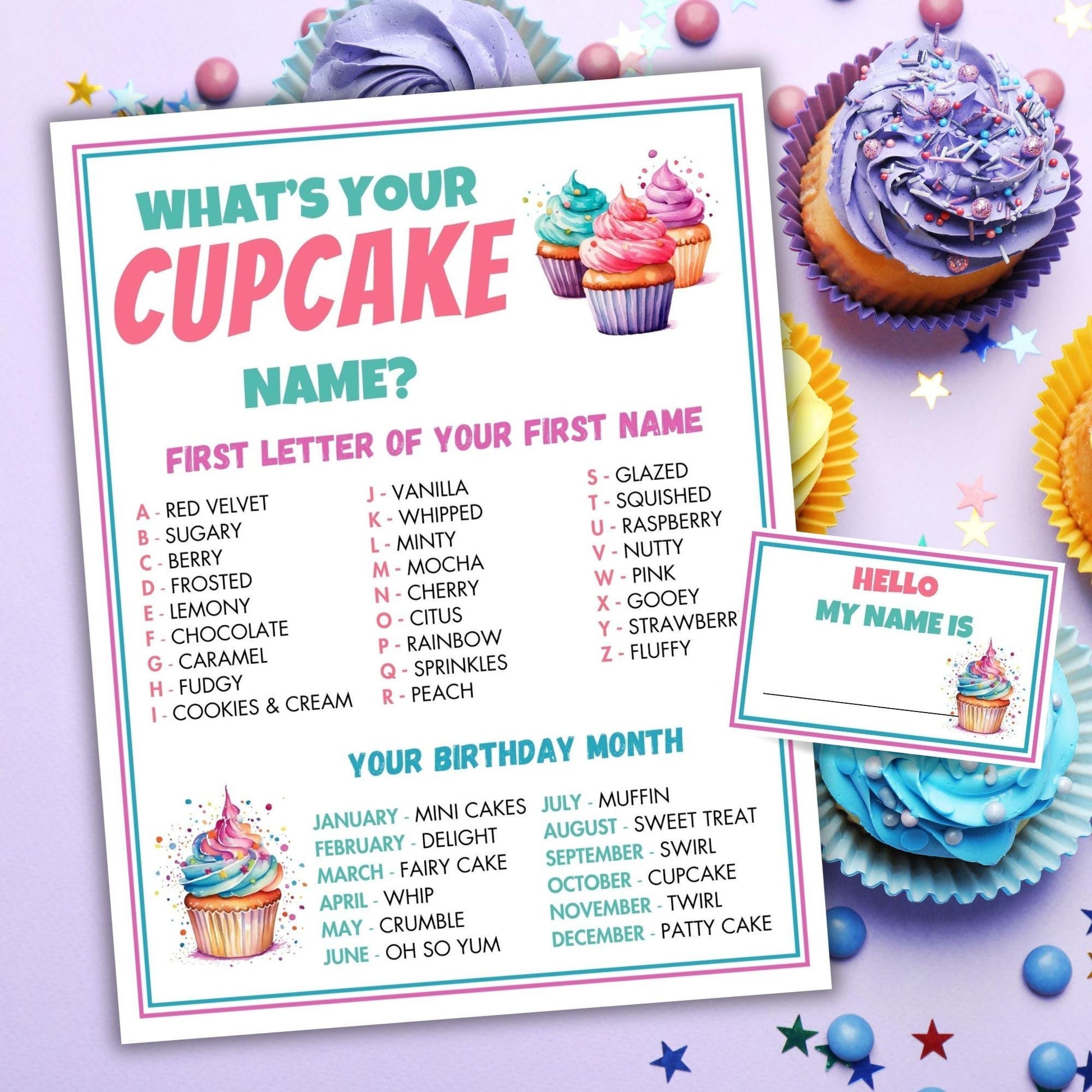 Birthday game sheet titled 'What's Your Cupcake Name?' with colorful cupcakes on a purple background.