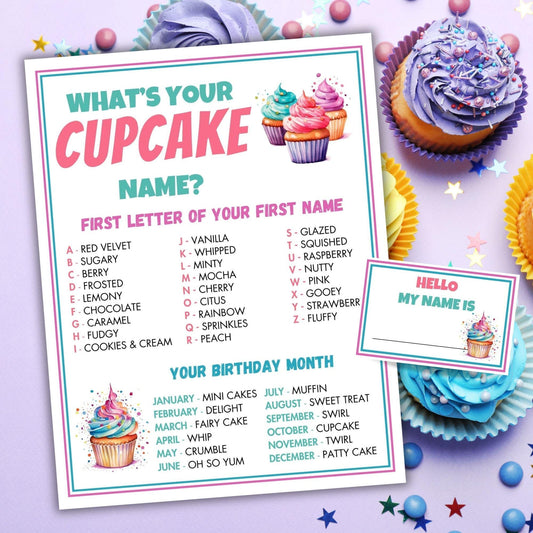 Birthday game sheet titled 'What's Your Cupcake Name?' with colorful cupcakes on a purple background.