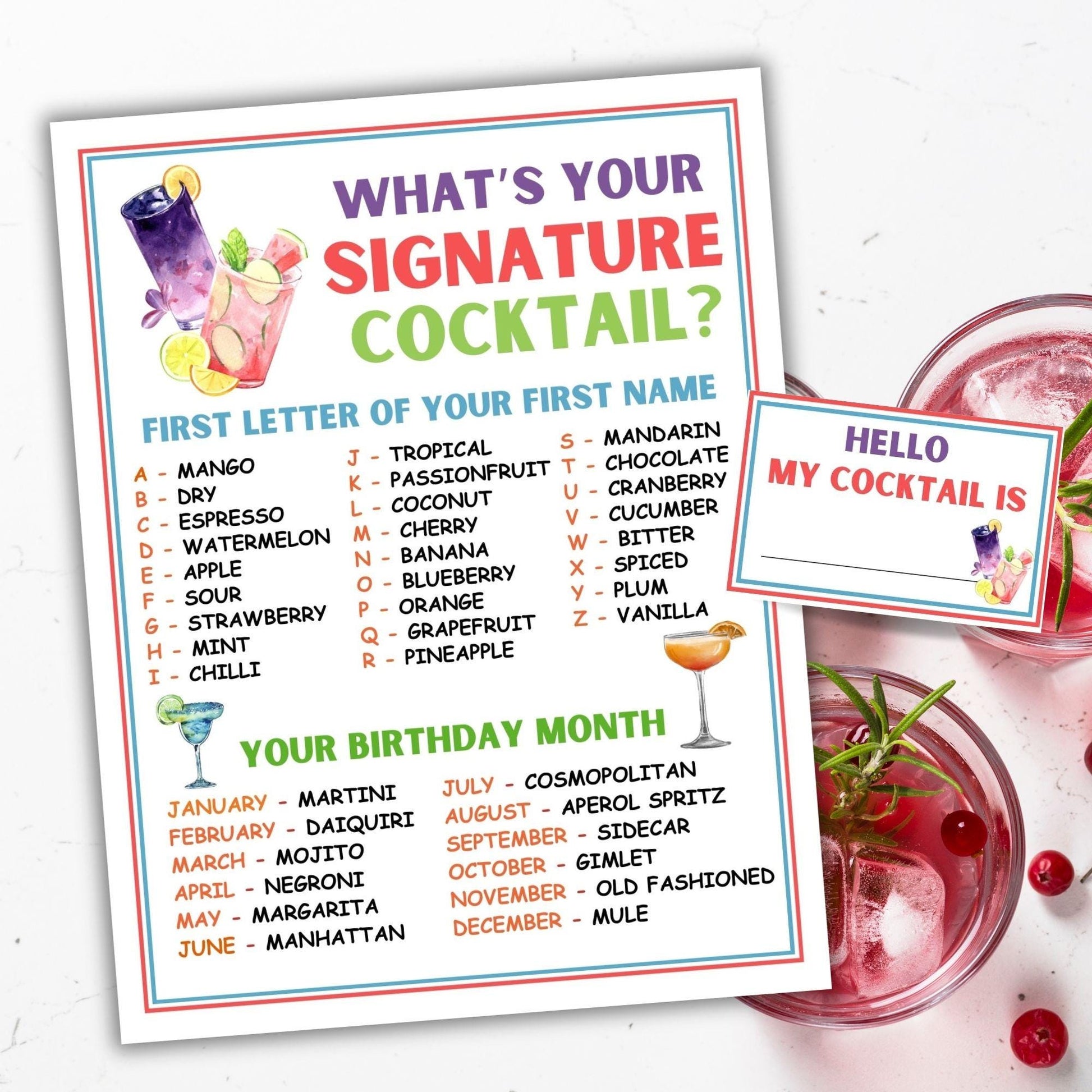 Cocktail-themed birthday party game with a list of signature cocktails and birthday month cocktails.