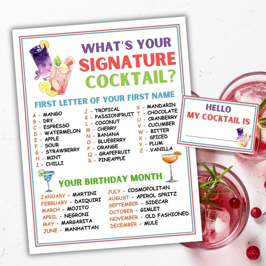 Cocktail-themed birthday party game with a list of signature cocktails and birthday month cocktails.
