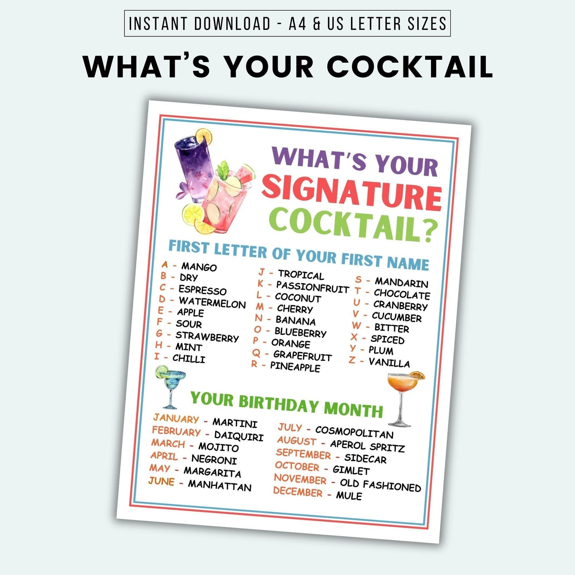Cocktail naming game sheet with colorful text and drink icons on a white background