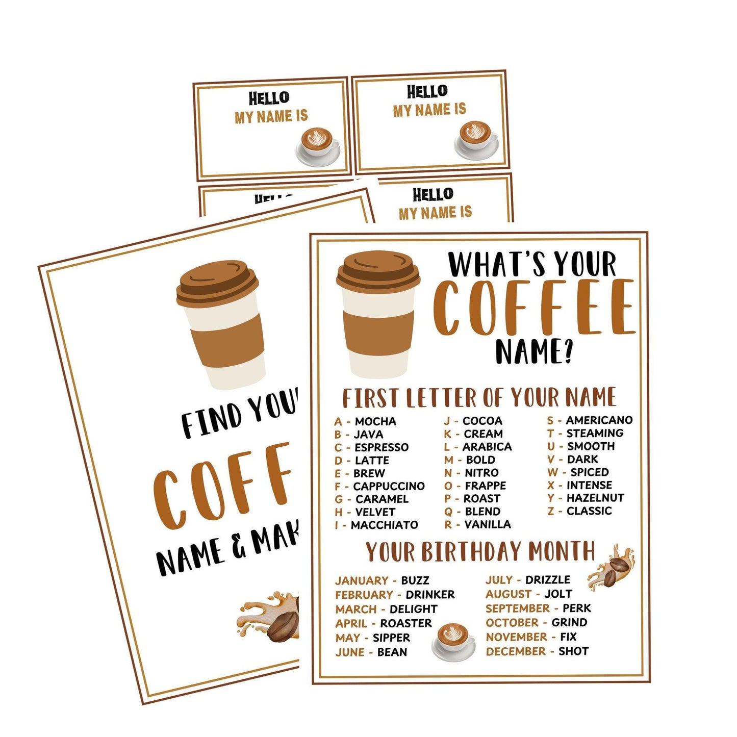Coffee-themed name and match game with coffee cup illustrations and text.
