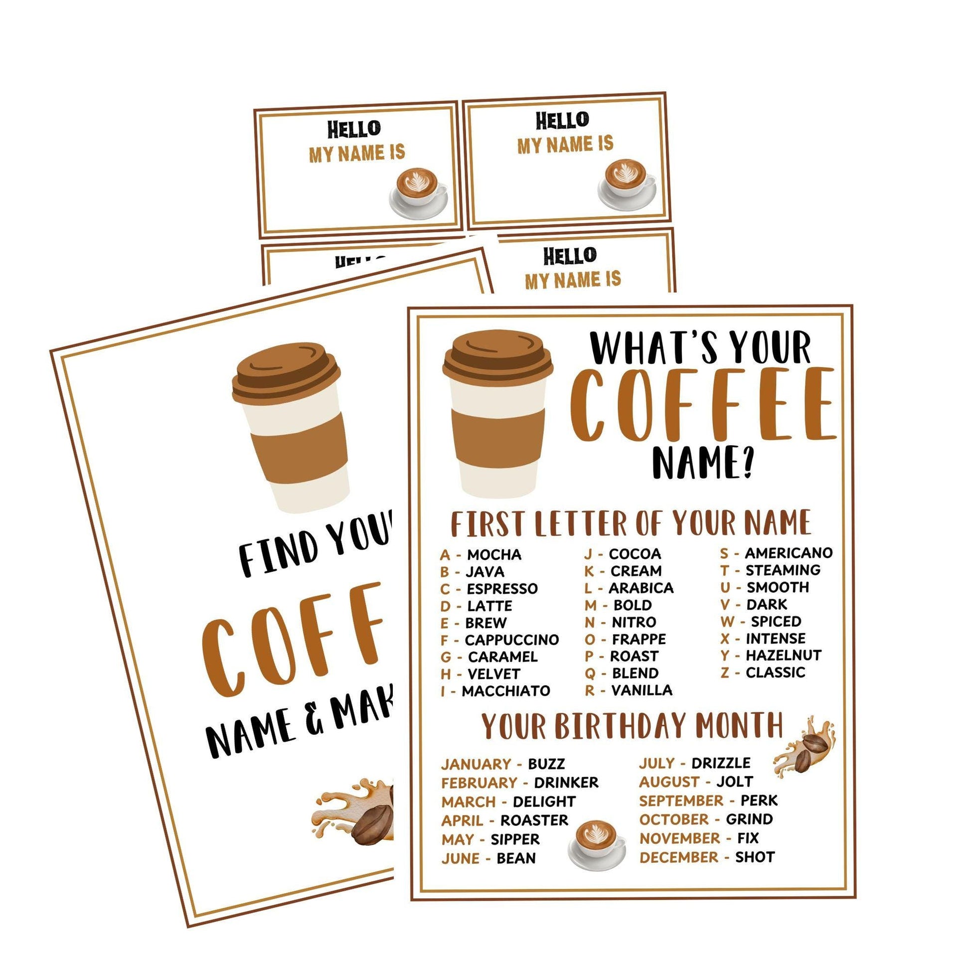 Coffee-themed name and match game with coffee cup illustrations and text.