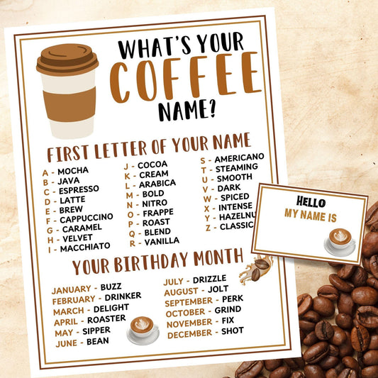 Coffee-themed name game with coffee beans on a wooden surface