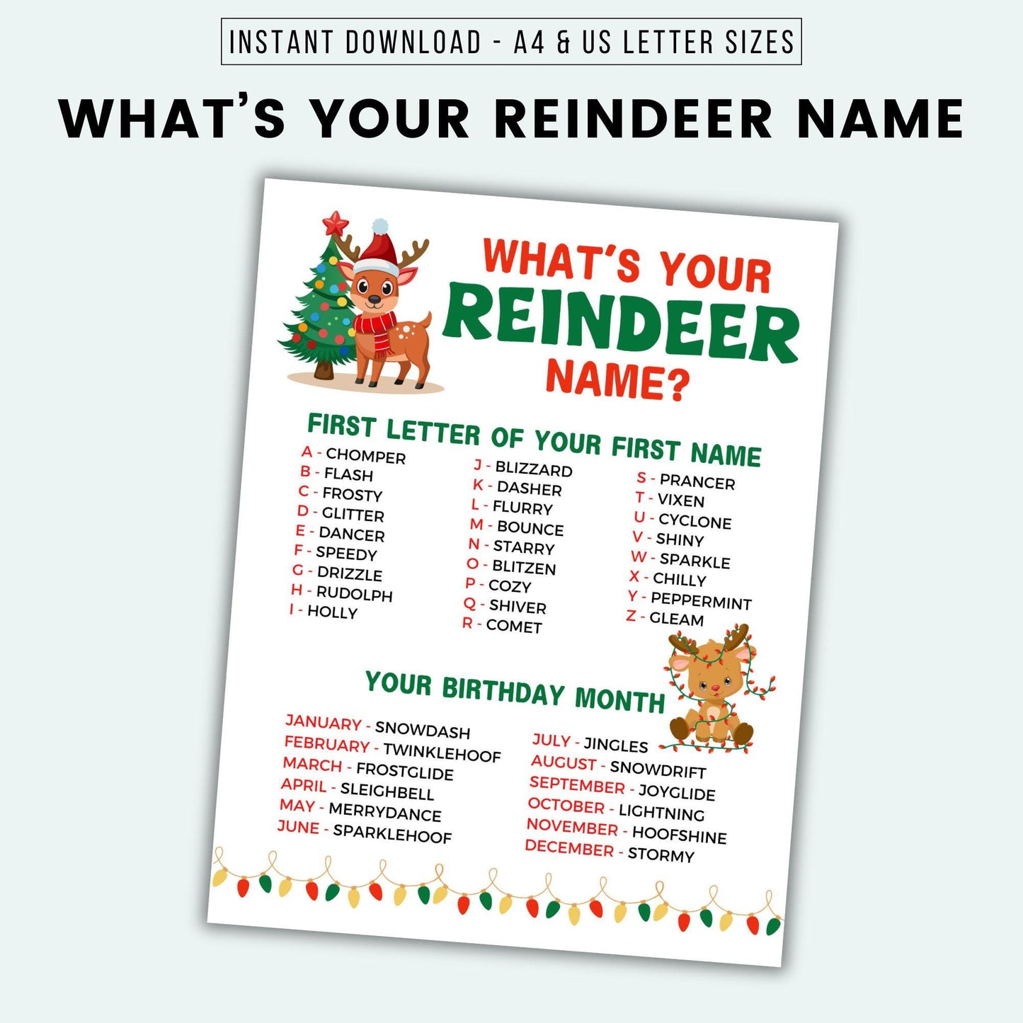 Christmas-themed worksheet for naming a reindeer with reindeer illustrations and text.