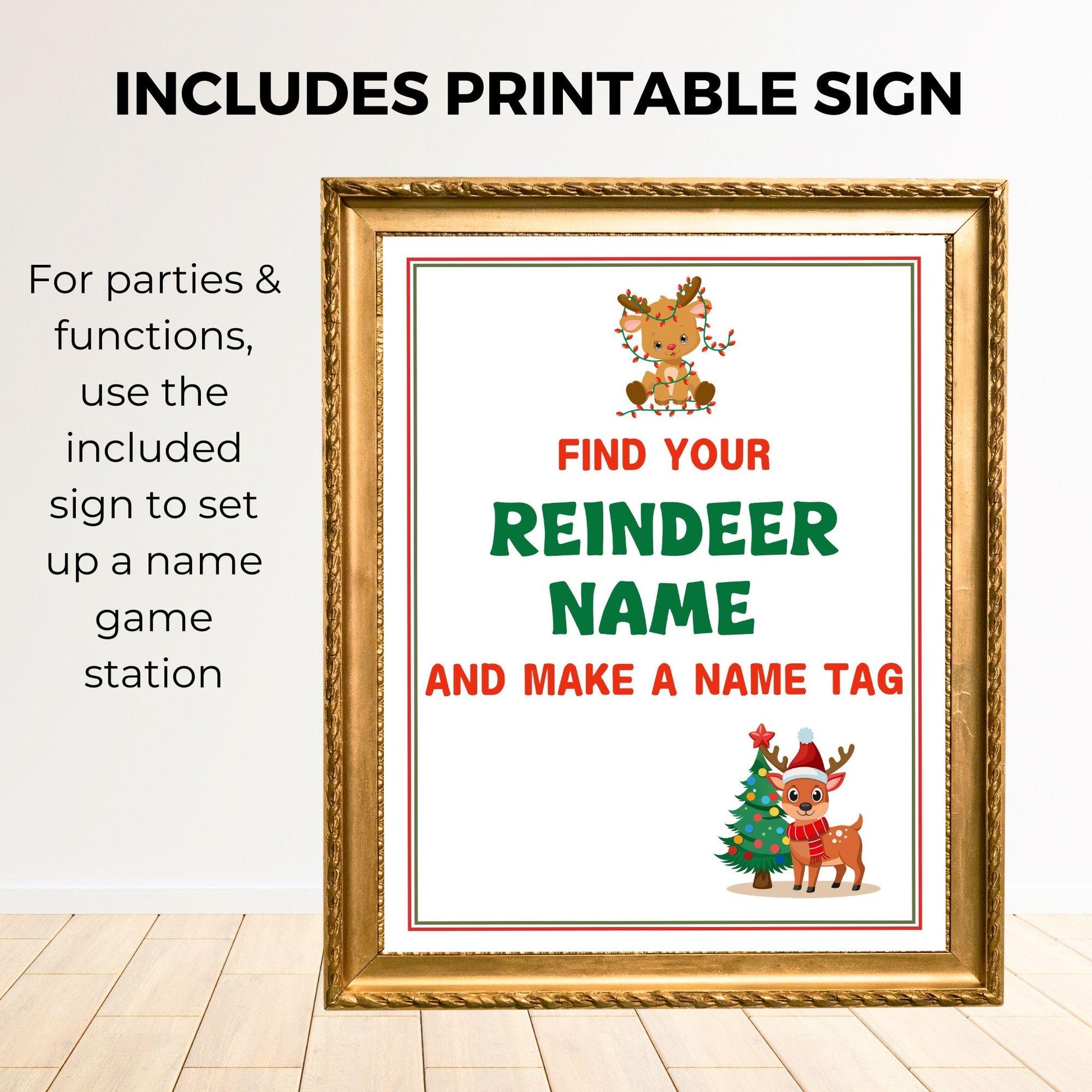 Framed Christmas-themed sign with reindeer graphics and text on a white background