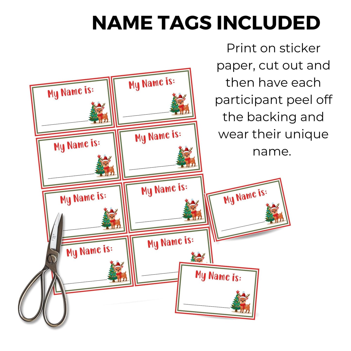 Christmas-themed name tags with reindeer graphics and a pair of scissors on a white background.