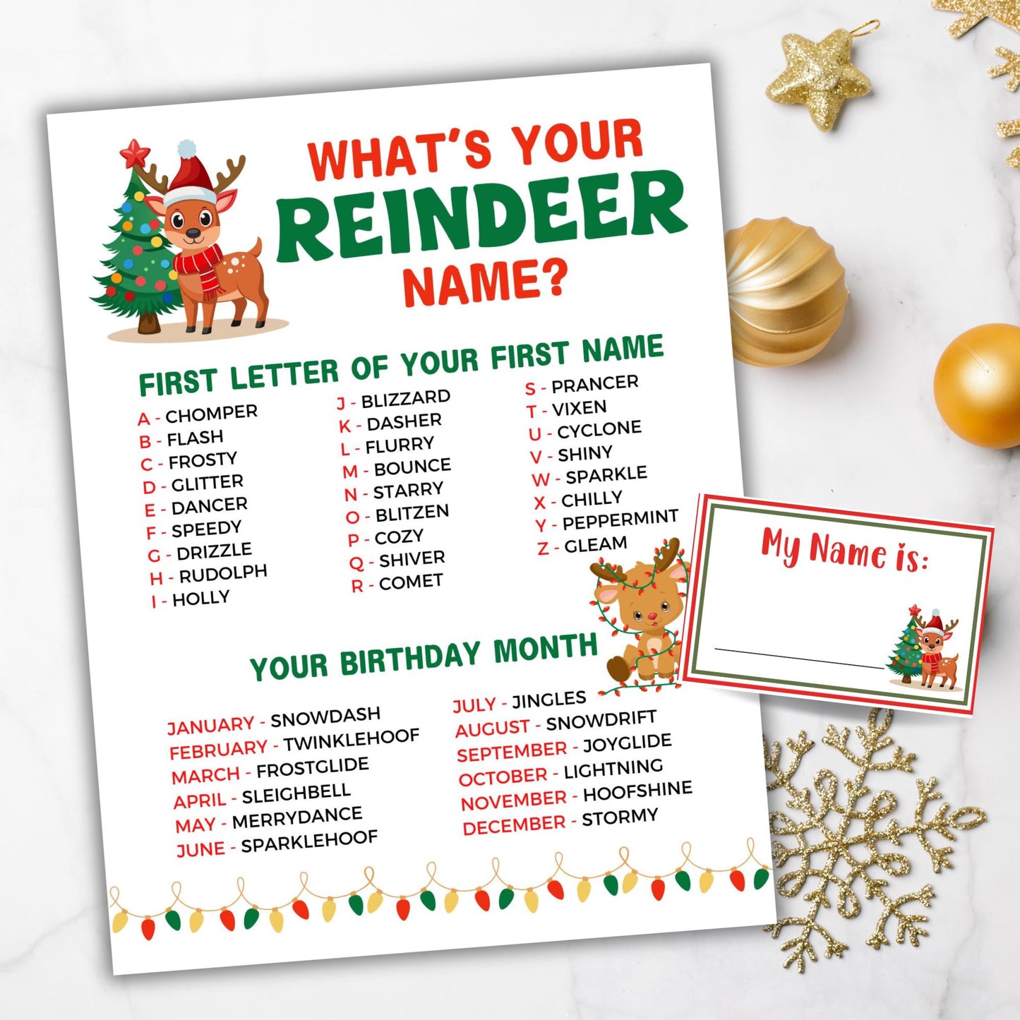 Christmas-themed 'What's Your Reindeer Name?' game with reindeer illustration and festive decorations.