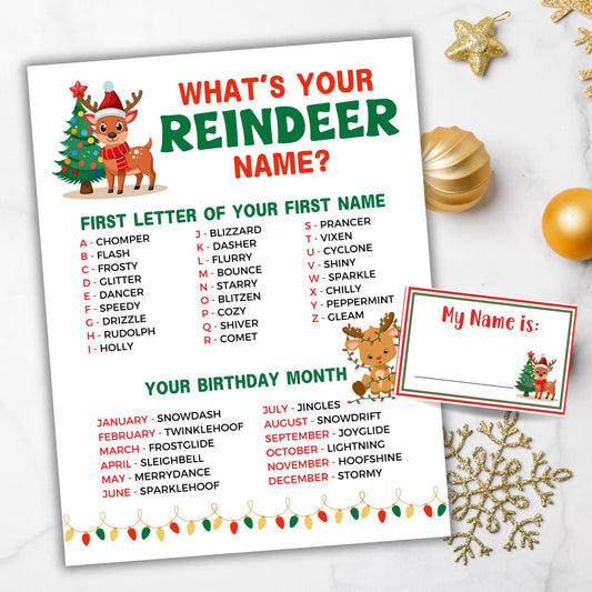 Christmas-themed 'What's Your Reindeer Name?' game with reindeer illustration and festive decorations.