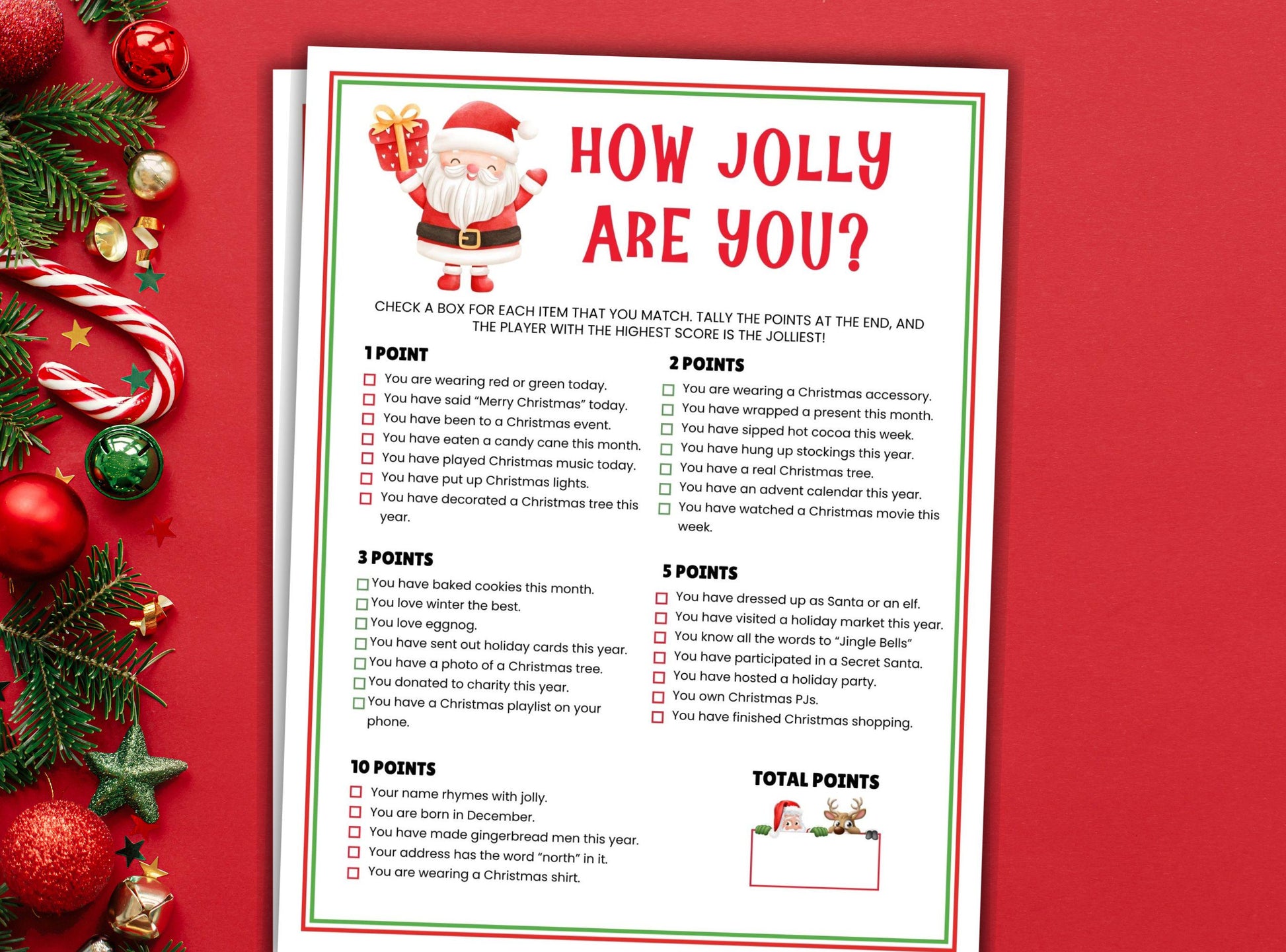 Christmas-themed 'How Jolly Are You?' game sheet with decorative items on a red background